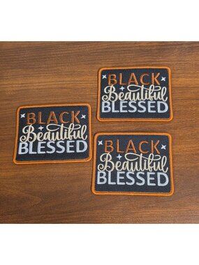 Black Beautiful Blessed Embroidered Iron-On Patches Set Of 3 Black/Orange/White
